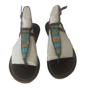 ROXY T-Strap  Sandals Women's Size US7/7.5 Brown Multicolor Beading Leather